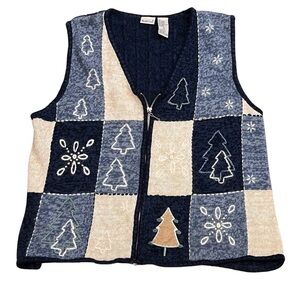 Northcrest Winter Patchwork Look Zip up Sweater Vest‎ Women’s XL blue & Oatmeal